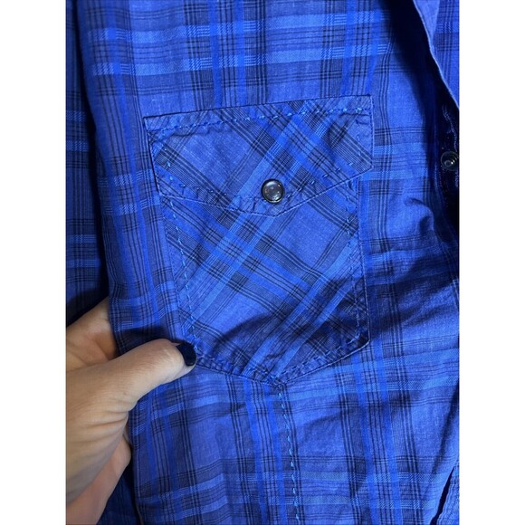 Bugatchi Dress Shirt Large Blue Plaid Paisley Contrast Flip Cuff Shape Fit - Picture 5 of 13